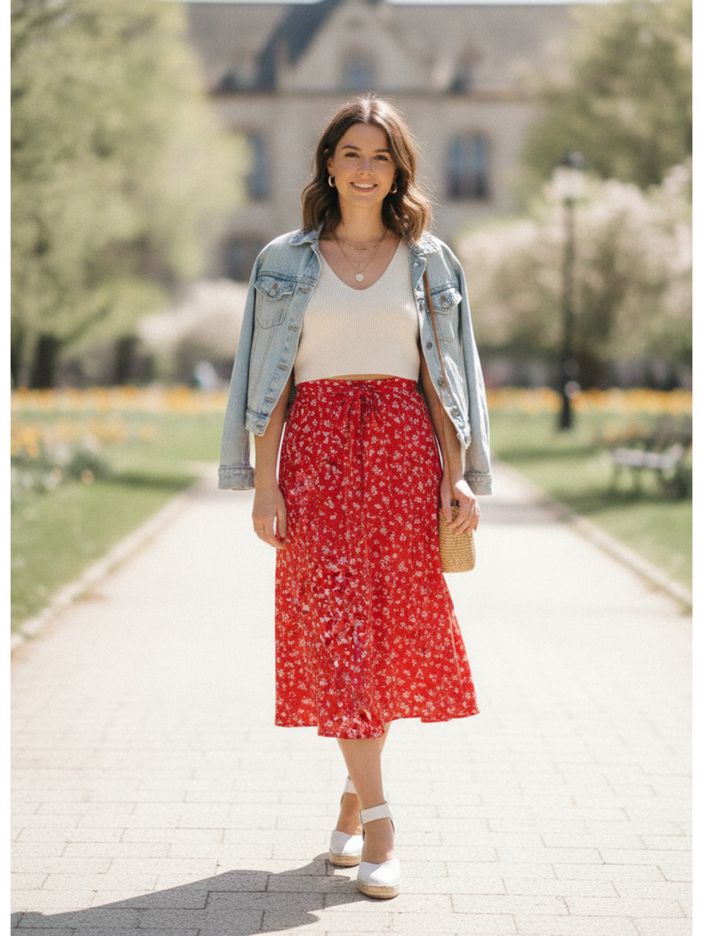 Red Floral Midi Skirt with Tie Waist